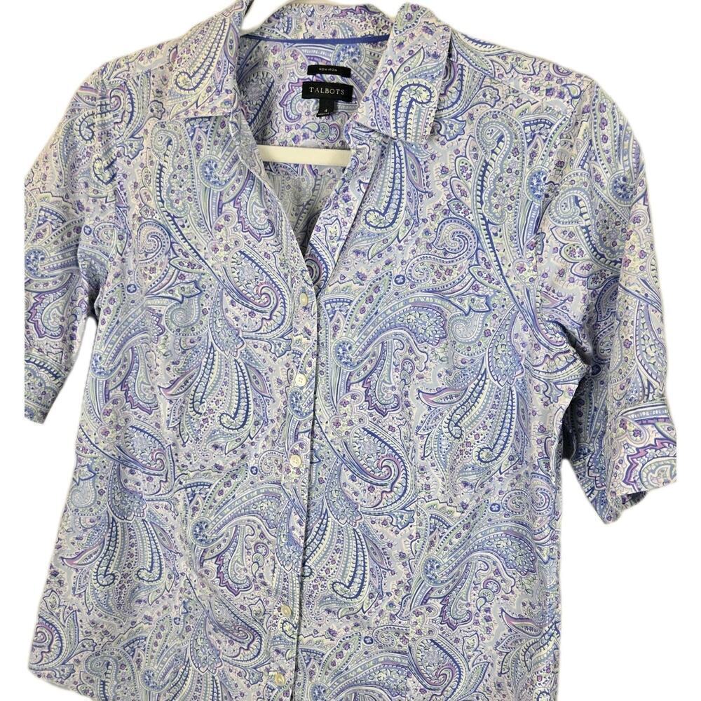 TALBOTS The Perfect Shirt Non Iron Blue Purple Paisley Short Sleeve Size 4 Cotta